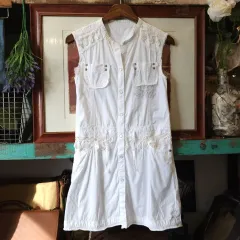 90s ヨーロッパ ヴィンテージ ロマンティック 白 ノースリーブ シャツ ワンピース 森ガール