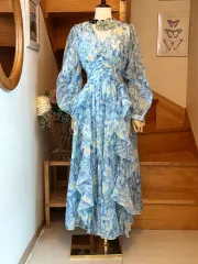 ライトブルー ウェーブパターン ロング ワンピース フリル シフォン