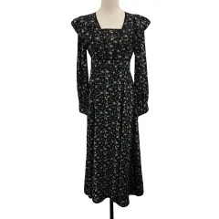 マーキュリーデュオ MERCURYDUO ワンピース フレア ロング パイピング ラッフル 花柄 長袖 S 黒 白 ブラック ホワイト