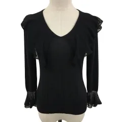 マーレンダム MARLENEDAM カットソー ニット プルオーバー Vネック フリル レース 透け感 無地 長袖 40 黒 ブラック