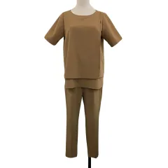 プラステ PLST セットアップ マタニティ カットソー ラウンドネック 半袖 パンツ テーパード ロング 無地 XS ベージュ 白 ホワイト