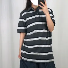 Tommy Hilfiger(トミーヒルフィガー) グレー ストライプ 半袖 ポロTシャツ S 250701