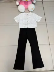 新品 レディース ツイード 半袖 ジャケット+ブラック ブーツカット ズボン