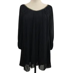 ワンウェイ one way チュニック ブラウス カットソー プルオーバー ラウンドネック シフォン プリーツ ビジュー 無地 七分袖 M 黒 ブラック