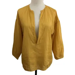 マカフィー MACPHEE トゥモローランド カットソー ブラウス プルオーバー スリットネック リネン 無地 七分袖 36 黄 マスタード イエロー