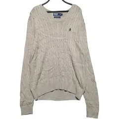 Polo by Ralph Lauren ポロ ラルフローレン ケーブル編み Vネック ニット セーター 100% TUSSAH SILK シルク メンズL 90s 古着 ワンポイント刺繍 ベージュ系 ヴィンテージ / IA295