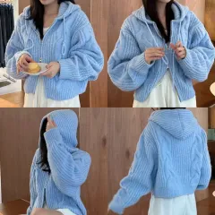 (新品) スカイブルー ツーウェイ ニット フードジップアップ カーディガン