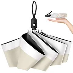 日傘 折りたたみ傘 超軽量225g UVカット率 100 遮光率100% 紫外線遮断 ワンタッチ自動開閉 晴雨兼用 折り畳み傘 携帯便利 傘 折りたたみ 軽量 高撥水 梅雨対策 台風対応 丈夫なグラスファイバー骨メンズ レディース (ベージュ+ホワイト) 1