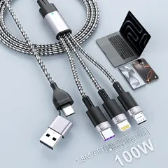 【2026新モデル】3in1 充電ケーブル 100W急速充電 USB-C＋USB-A to USB-C／Lightning／Micro-USB 充電コード 1.8M 高耐久ナイロン編み LEDインジケーター付き 3台同時充電 MFI認証 iPhone／An 0