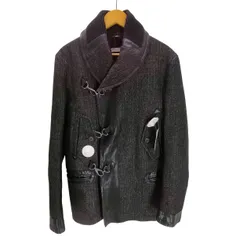 ジョンガリアーノ JOHN GALLIANO VIRGIN WOOL バージンウール ヘリンボーン レザーニット 切り替え フックデザイン ショールカラー ジャケット メンズ EUR：46 のサムネイル