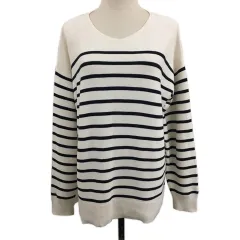 グローバルワーク GLOBAL WORK カットソー ニット Vネック プルオーバー ボーダー 長袖 L 白 黒 ホワイト ブラック