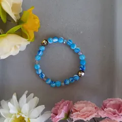 ハンドメイド／ブルーマーブルビーズブレスレット／クリスタルビーズ入り