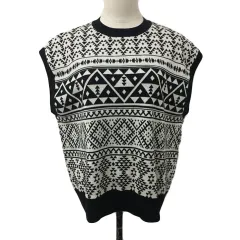 ニコアンド Niko and.. ベスト ニット プルオーバー クルーネック ジャガード 総柄 F 黒 白 ブラック ホワイト