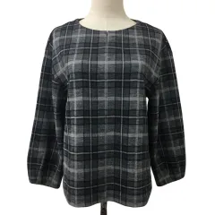 ジェイプレス J.PRESS カットソー ブラウス プルオーバー キーネック チェック ウール 長袖 M グレー 黒 ブラック