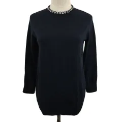 23区 オンワード樫山 セーター ニット プルオーバー クルーネック ウール 無地 ビジュー 長袖 38 紺 ネイビー