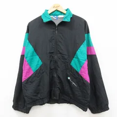 L/古着 チャンピオン champion 長袖 ナイロン ジャケット メンズ 90年代 90s ワンポイントロゴ 黒他 内側メッシュ【spe】 26feb17