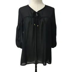 アズノウアズ ピンキー AS KNOW AS PINKY ブラウス プルオーバー スリットネック リボン 透け感 シアー 刺繍 ギャザー 七分袖 黒 ブラック