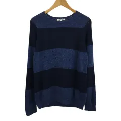 グローバルワーク GLOBAL WORK セーター ニット ラウンドネック プルオーバー ボーダー 透かし編み 長袖 M 青 紺 ブルー ネイビー