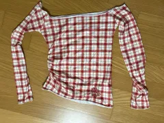 レッドチェックオフショルダー
