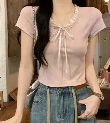 新品) リボン レース スリムフィット 半袖Tシャツ