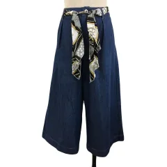 ミスティウーマン mysty woman パンツ デニム ジーンズ ワイド クロップド タック ベルト ジップフライ 無地 F 紺 ネイビー