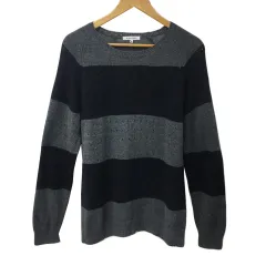 グローバルワーク GLOBAL WORK セーター ニット プルオーバー ラウンドネック 透かし編み ボーダー 長袖 M グレー 黒 ブラック