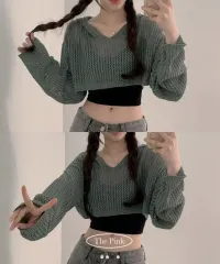 新品 ボレロ クロップド フード 長袖 ニット (カーキ free)