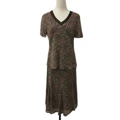 ローラアシュレイ LAURA ASHLEY セットアップ ブラウス プルオーバー 半袖 スカート フレア ロング 総柄 シルク 11 茶 ピンク ブラウン