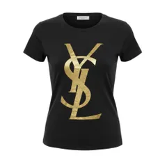 c24 《美品》 YVES SAINT LAURENT rive gauche イヴサンローランリブゴーシュ 半袖カットソー トップス ゴールドロゴ S ブラック コットン レディースu02tのサムネイル