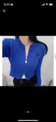 青 リボン 刺繡 クロップド カーディガン