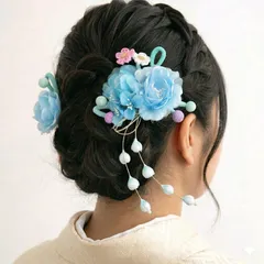 【水色 花 髪飾り 2点セット】 成人式 卒業式 結婚式 振袖 袴 訪問着 着物 和装 浴衣 ゆかた コーム式 Uピン式  花飾り つまみ細工 パール HCJA529