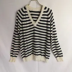 M1-02709 【Women】GALERIE VIE（ギャルリー・ヴィー）Vネック 長袖 ニット（F:M相当) /白×ネイビー ボーダー 襟、両袖口、すそ、右脇下に汚れ有り タグなし K-春秋
