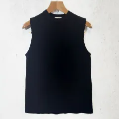 ELDER EMODA エルダー エモダ ハイネック ノースリーブ サマーニット ミディアム丈 ストレートライン ネイビー Fサイズ 〇□