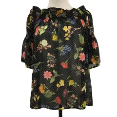 ローズバッド ROSE BUD ブラウス プルオーバー オフショルダー シアー ドット 水玉 花柄 総柄 マルチカラー 五分袖 F 黒 赤 ブラック レッド