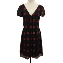 ザラ トラファルック ZARA Trafaluc ワンピース フレア ミニ リボン チェック 半袖 USA S 赤 紺 レッド ネイビー