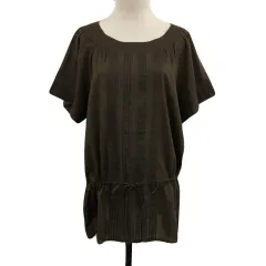 23区 オンワード樫山 ブラウス シャツ プルオーバー ラウンドネック 透け感 レース 無地 半袖 48 茶 ブラウン