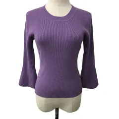 マーリエパーエフデ Maglie par ef-de セーター ニット ラウンドネック プルオーバー リブ 無地 七分袖 9 紫 パープルのサムネイル