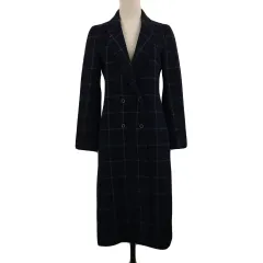 ギルドプライム GUILD PRIME コート チェスター ダブル ロング チェック ウール 長袖 36 紺 白 ネイビー ホワイト