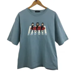 ニコアンド Niko and.. Tシャツ ラウンドネック プリント キャラクター 五分袖 4 水色 白 ライトブルー ホワイト