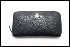 ■CHANEL 18番台 カメリア SV金具 レザー ラウンドファスナー 長財布 シャネル ■0312kd0835035
