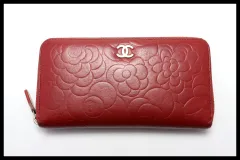 ■CHANEL 16番台 カメリア SV金具 レザー ラウンドファスナー 長財布 シャネル ■0312kdC8068-O