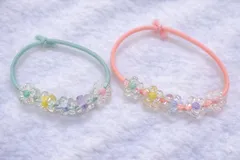 【ヘアゴム 2個セット】ビーズフラワー  パステルカラー 花モチーフ キッズ 大人可愛い ヘアアクセサリー 春 夏 まとめ髪