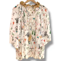 TSUMORI CHISATO ツモリチサト 総柄シルクブラウス セドナのなかまたち チュニック シフォンブラウス 首元ギャザー シルク100% 総柄 イラストプリント 2 Mサイズ レディース 夏 ゴーゴー古着セントラルパーク名古屋店No.1971