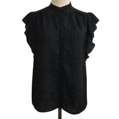 エージーバイアクアガール AG by aquagirl シャツ ブラウス バンドカラー フリル ドット 総柄 フレンチスリーブ 半袖 M 黒 白 ブラック ホワイト