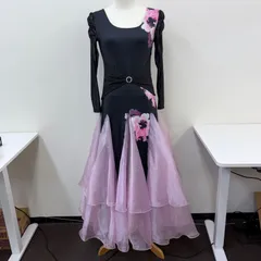 【Leirena】社交ダンス衣装 ワンピース ドレス ブラック ピンク 花柄 フリル オーガンジー