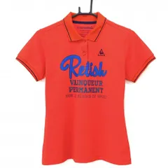 【美品】ルコックゴルフ 半袖ポロシャツ レッド×ネイビー フロント英字 ロゴ刺しゅう レディース L ゴルフウェア le coq sportif