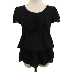 プロポーション ボディドレッシング PROPORTION BODY DRESSING ブラウス カットソー プルオーバー ラウンドネック シフォン ドット 総柄 フリル リボン フロッキー 半袖 3 黒 ブラック グレー