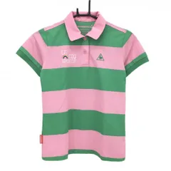 【超美品】ルコックゴルフ 半袖ポロシャツ ピンク×グリーン ボーダー ロゴ  レディース M ゴルフウェア le coq sportif