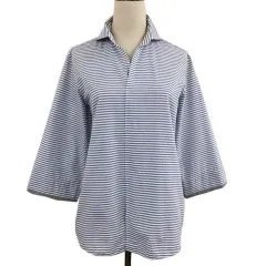 トゥモローランド TOMORROWLAND シャツ ブラウス プルオーバー スキッパー ボーダー スリット 七分袖 M 青 白 ブルー ホワイト