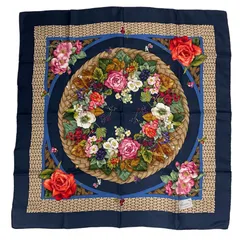 極美品 GUCCI グッチ スカーフ シルク バスケット柄 フラワーリース 花柄 バラ ネイビー